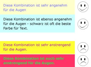 Vergleich von Farbkombinationen auf Plakaten: gut lesbare Kontraste gegenüber anstrengenden